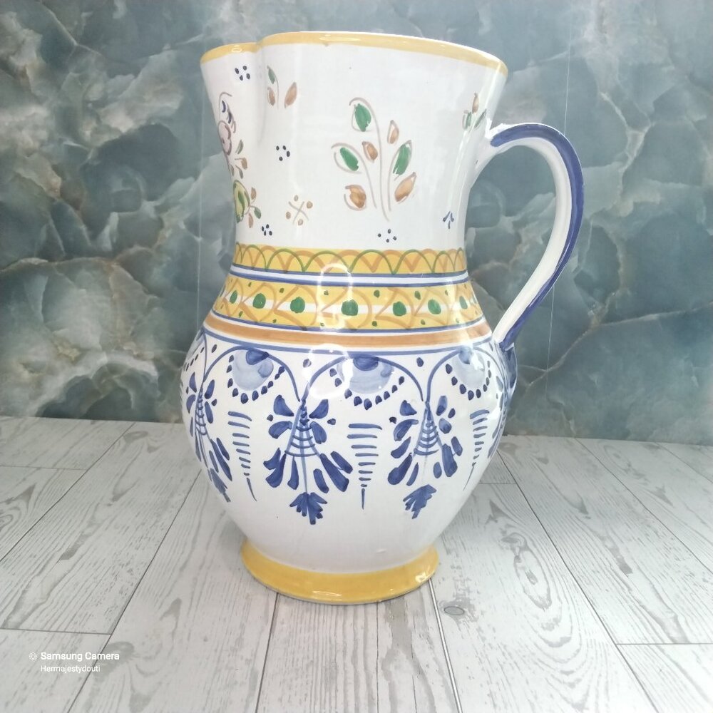 Vintage JS Talavara Hand-Crafted/Painted Folk Art Ceramic Artist Signed Pitcher